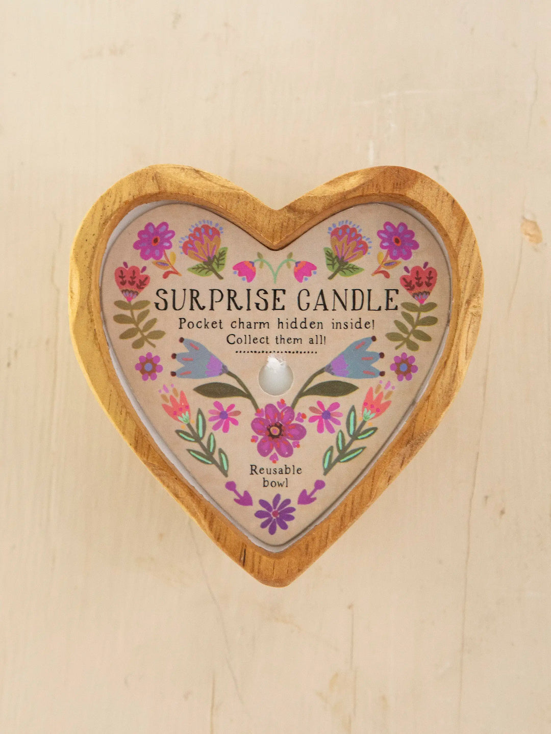 Wooden Heart Surprise Candle - Folk Flower