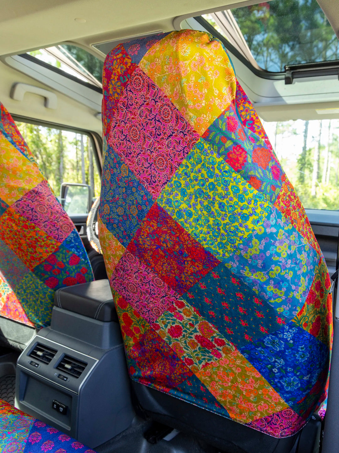 Velvet Front Car Seat Cover, Set of 2 - Rainbow Patchwork