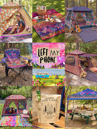 Collage of camping gear and activities with colorful tents and furniture.