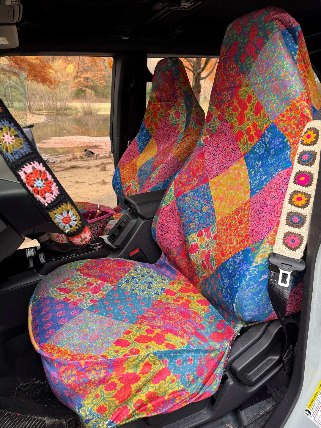 Velvet Front Car Seat Cover, Set of 2 - Rainbow Patchwork