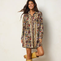 brocade tapestry printed collared long sleeve shirt dress