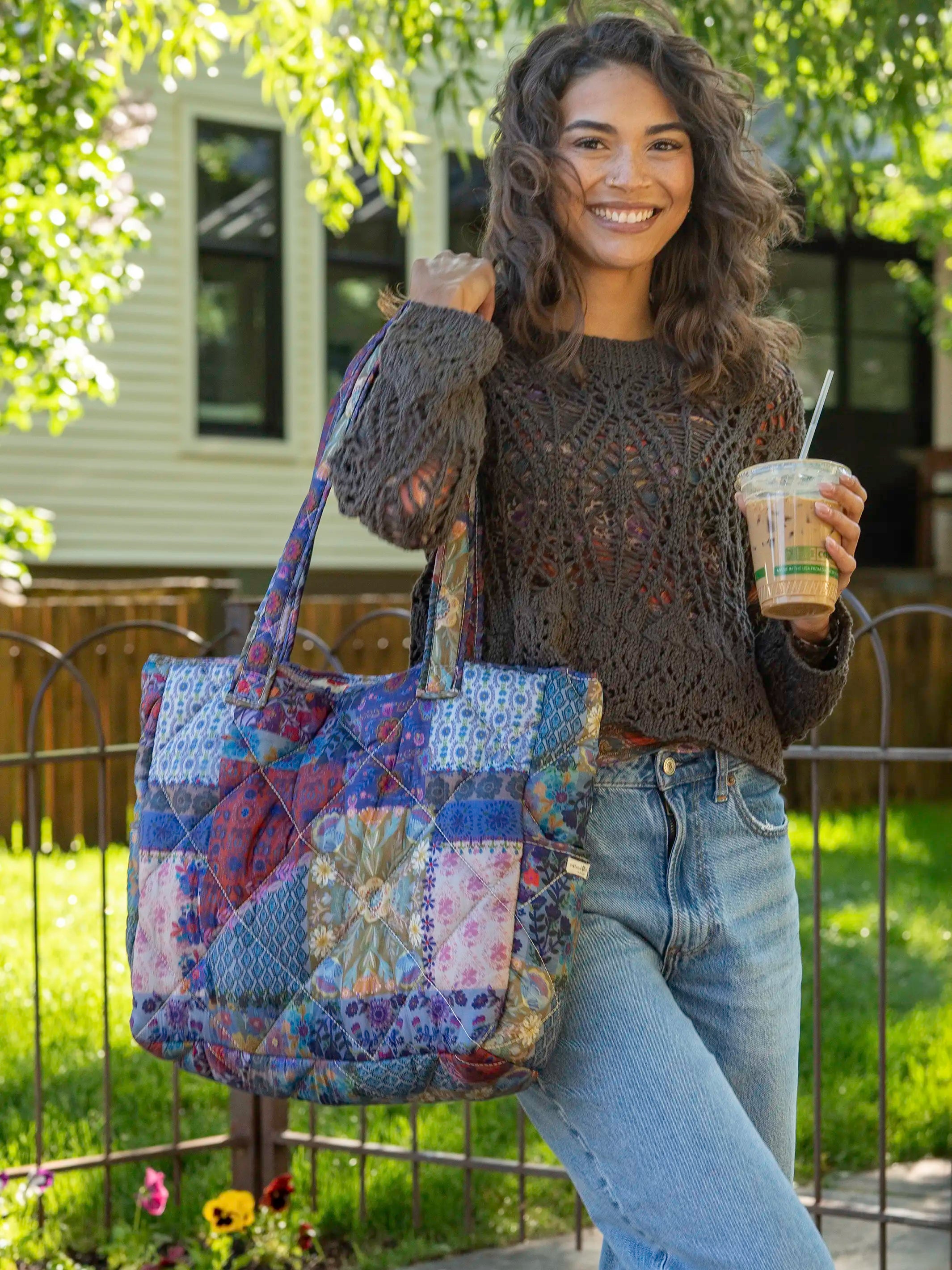 Reversible Puffy Tote Bag - Large Blue Patchwork – Natural Life