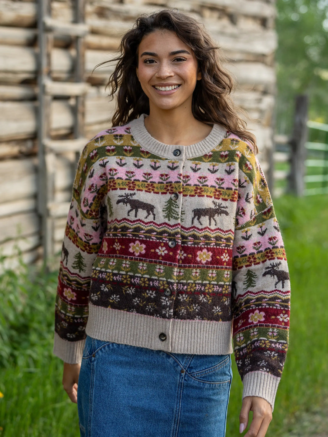 Jacquard Button Front Cardigan Sweater - Moose