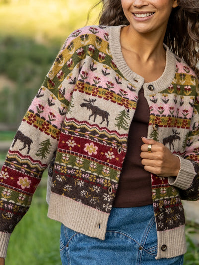 Cozy Cabin Jacquard Cardigan Sweater - Moose-view 1