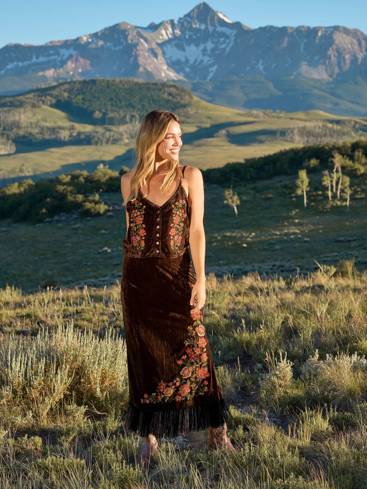 Lulu Embroidered Velvet Midi Skirt - Brown Rose Garden – Natural Life
