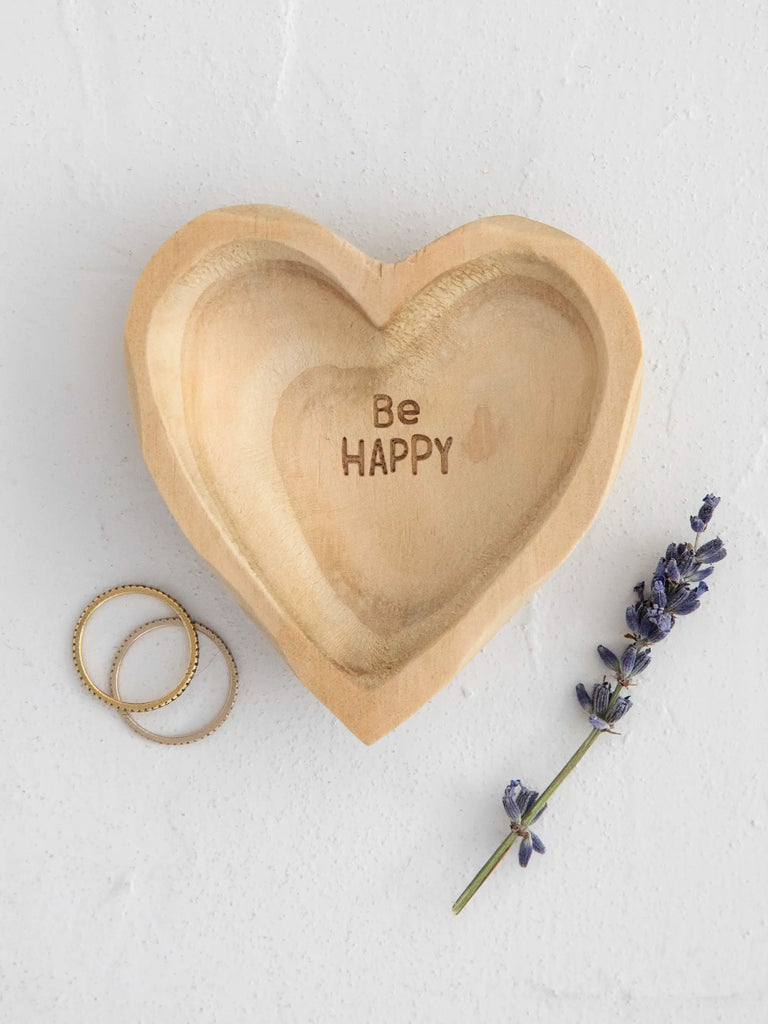 Wooden Heart Trinket Jewelry Dish - Be Happy-view 1