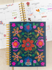 2026-27 17 Month Planner - Teal Folk Flower-view 1