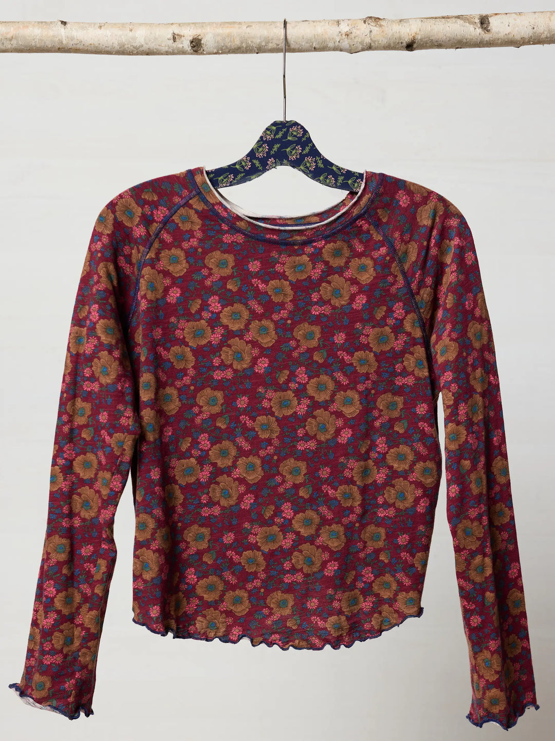 Lily Cotton Long Sleeve Tee Shirt - Cranberry Brown Floral