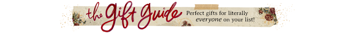 A banner-style graphic with the words 'the Gift Guide' in red script and serif text, plus the tagline 'Perfect gifts for literally everyone on your list!' on a beige background with small floral decorations.