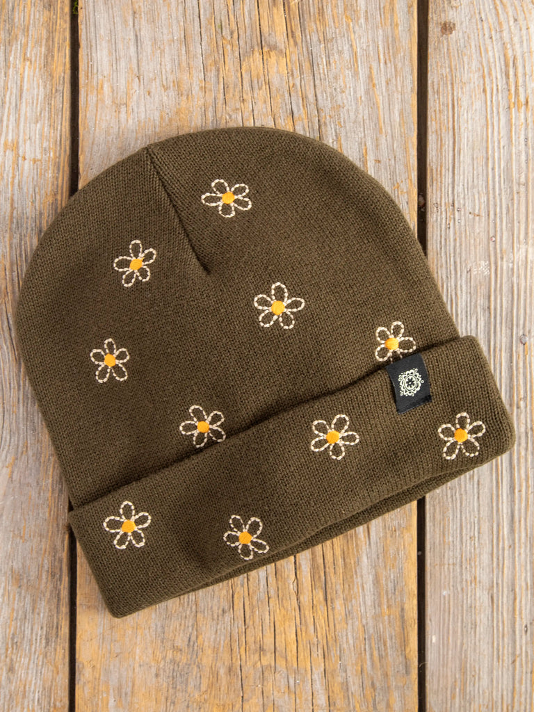 Embroidered Beanie - Olive Daisy-view 2