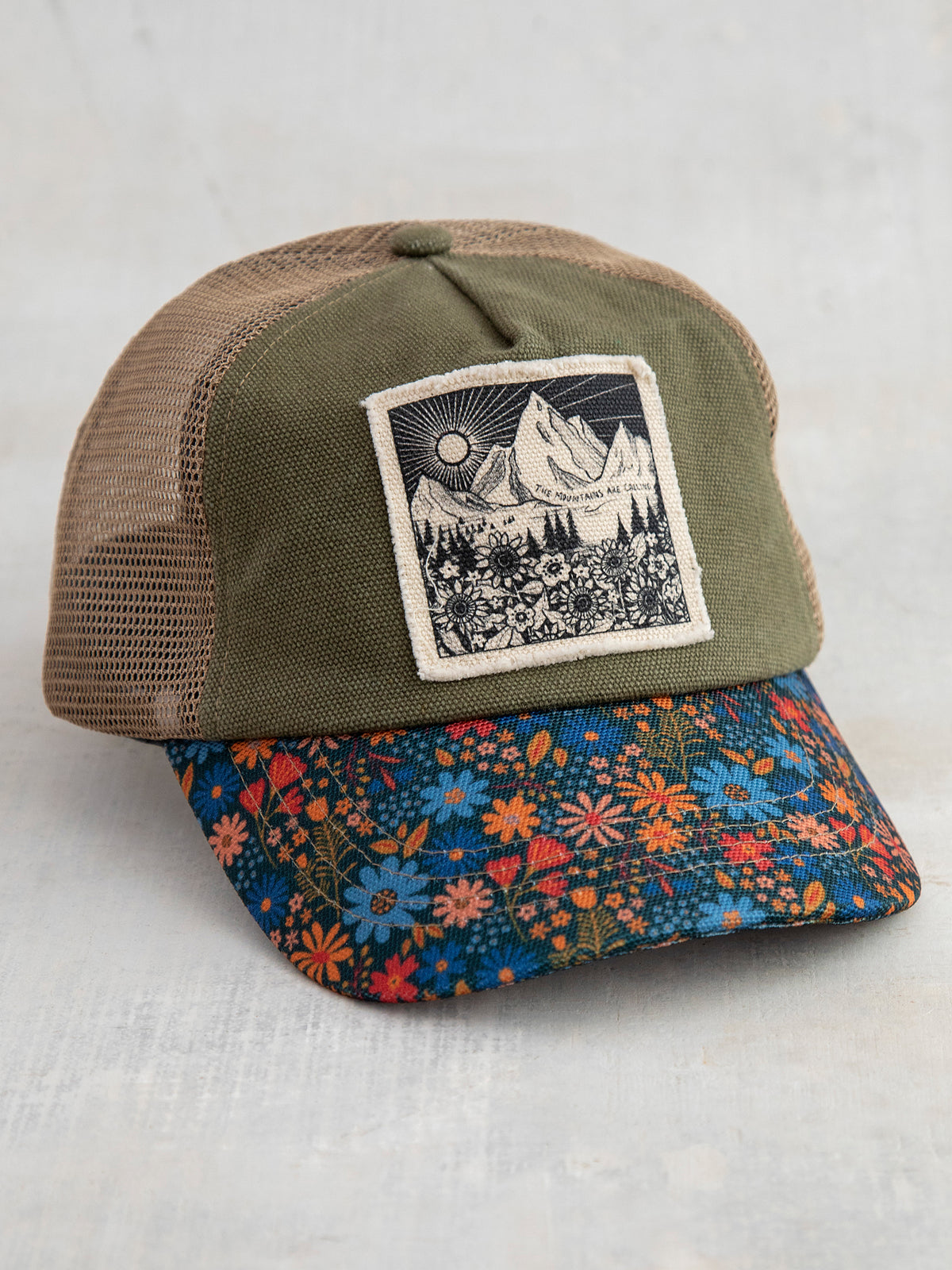 Abstract Natural Trucker Hat Rainbow Ridge Trucker Hat – Mid Profile Mesh Back | FisheWear main image 3