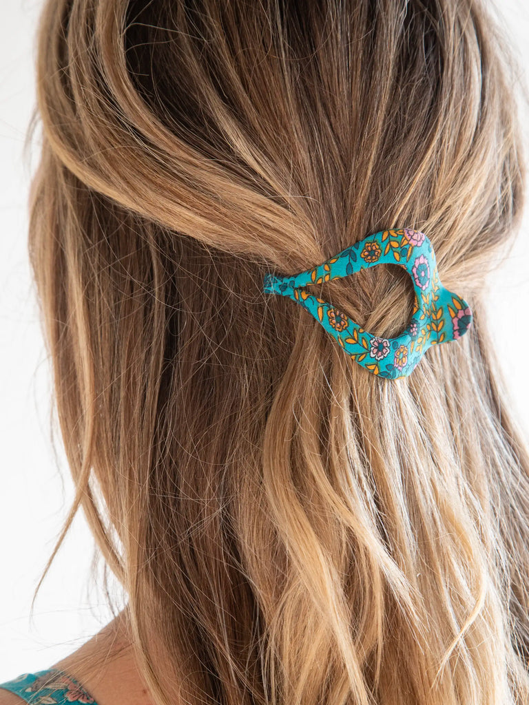 Floral Fabric Boho Hair Clip - Turquoise Cream Floral-view 2