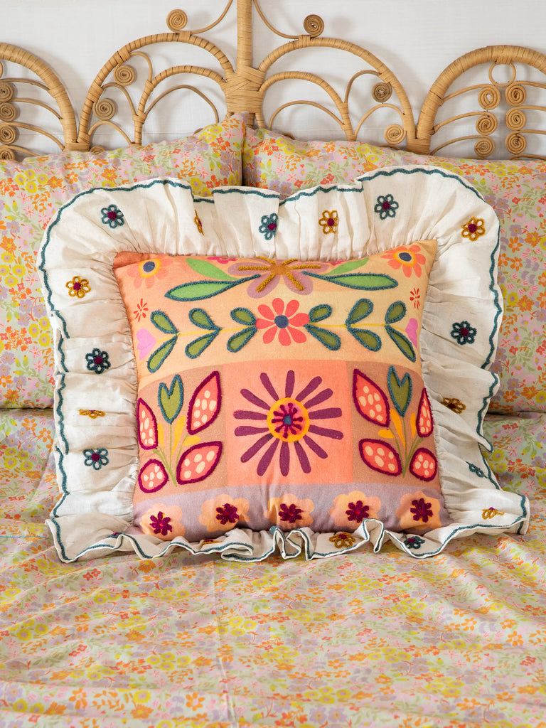 Tufted Ruffle Pillow - Coral Folk Flower-view 1