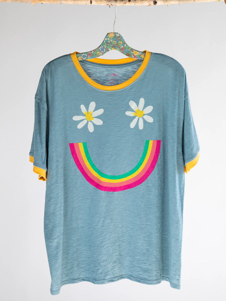 Ringer Oversized Tee Shirt - Dusty Blue Smiley-view 4