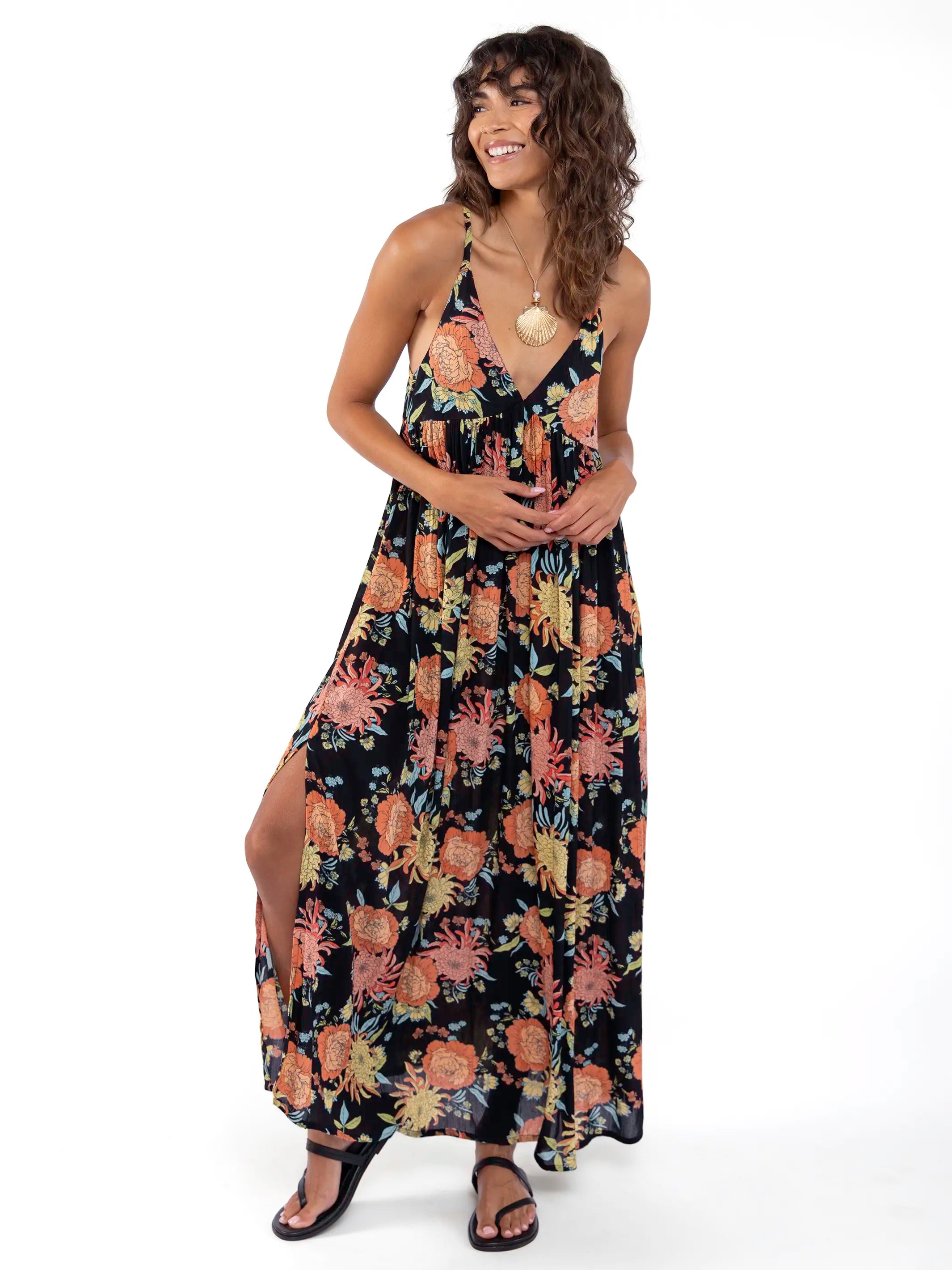 reina tiered mesh floral maxi dress Reyna Deep V-Neck Maxi Dress