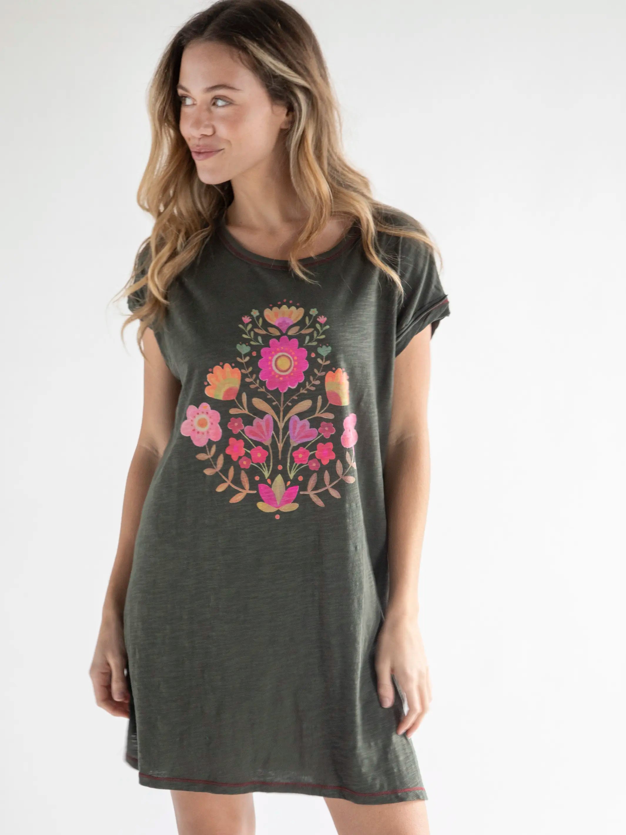 Frankie Knit Cotton Tee Mini Dress - Folk Flower  Natural Life