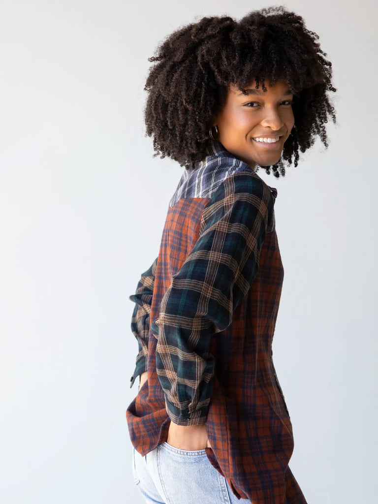 Oversized Flannel Button Down - Rust Navy Plaid-view 1