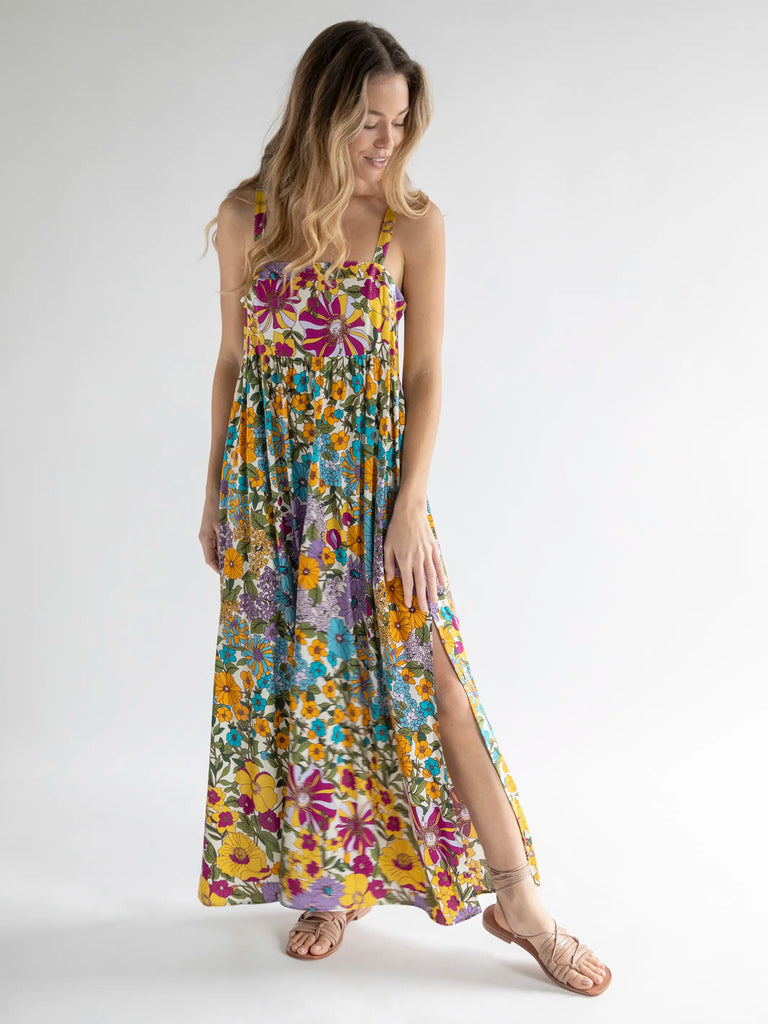Patti Side Slit Maxi Dress - Ivory Blue Floral-view 1