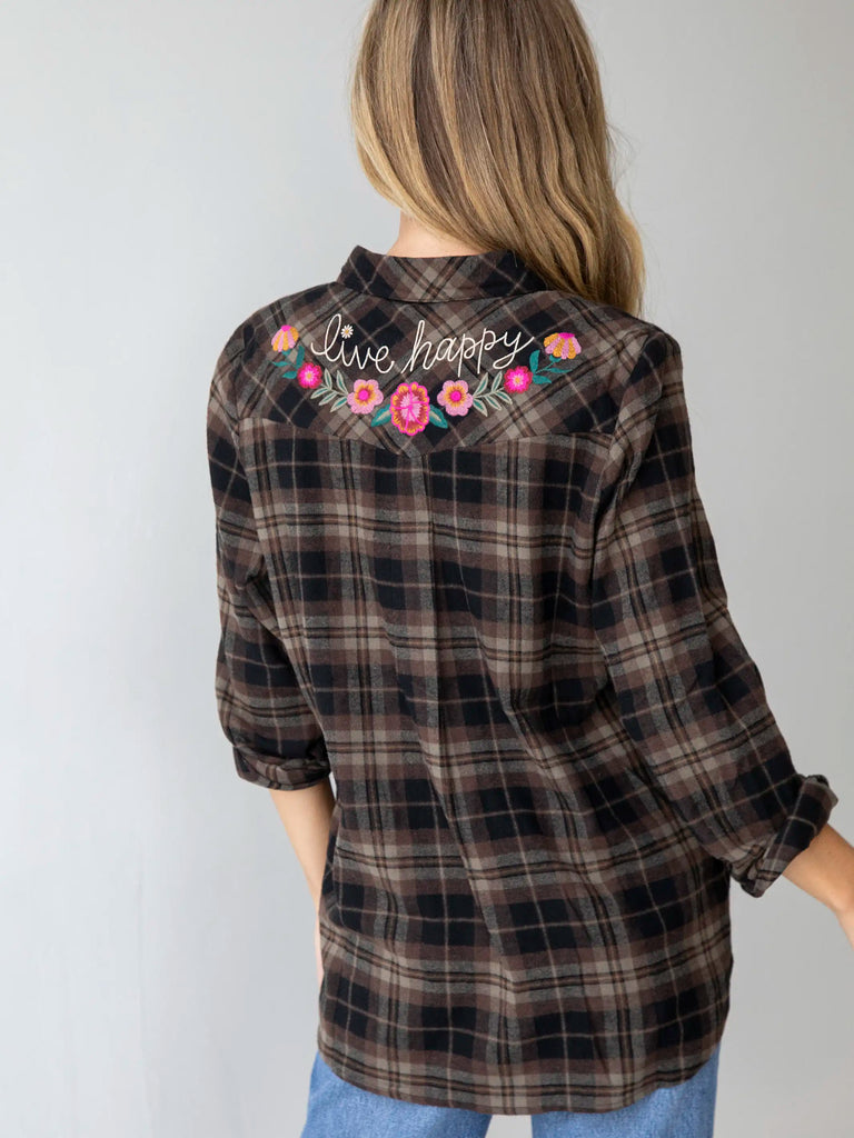 Take it Easy Embroidered Flannel Shirt - Black Brown Plaid-view 3