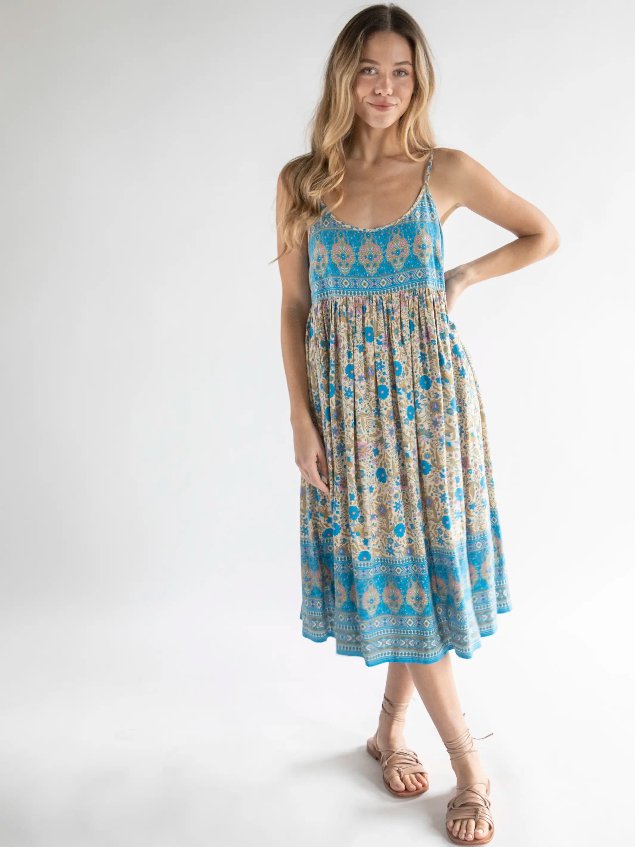 Gigi Midi Dress - Tan Blue Border Natural Life Gigi Midi Dress - Tan Blue Border Natural Life