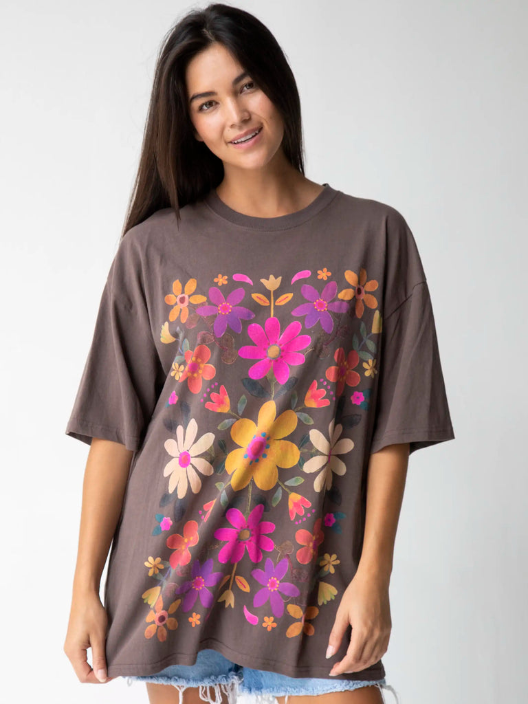 Chandler Tee Shirt Dress - Espresso Folk Flowers-view 1