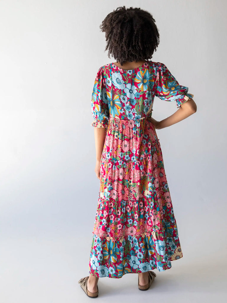 Collette Tiered Maxi Dress - Blue Red Floral-view 3
