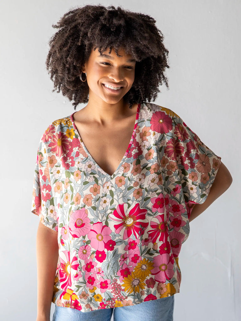 Easy V-Neck Top - Pink Mustard Floral-view 2