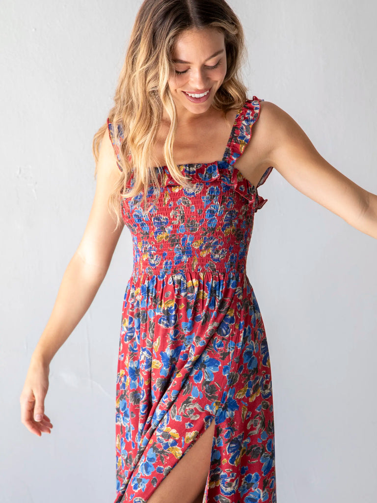 Megan Smocked Midi Dress - Red Blue Floral – Natural Life