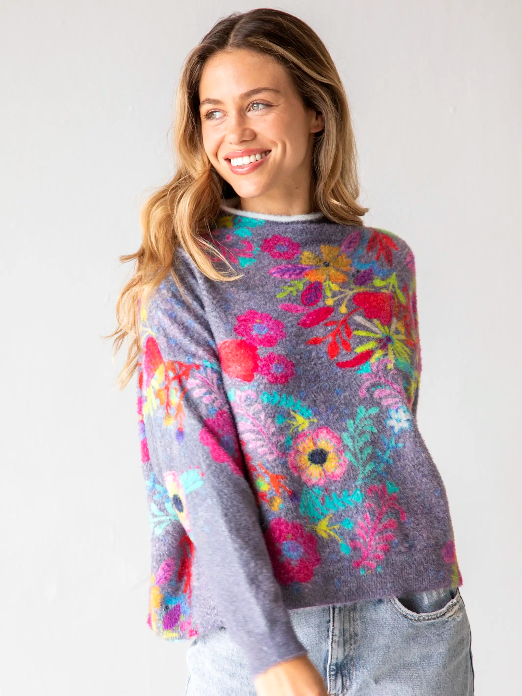 Cashmere-Like Mock Neck Sweater - Charcoal Pink Poppy – Natural Life