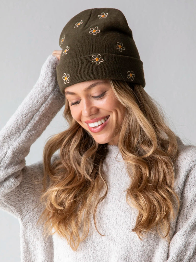Embroidered Beanie - Olive Daisy-view 3