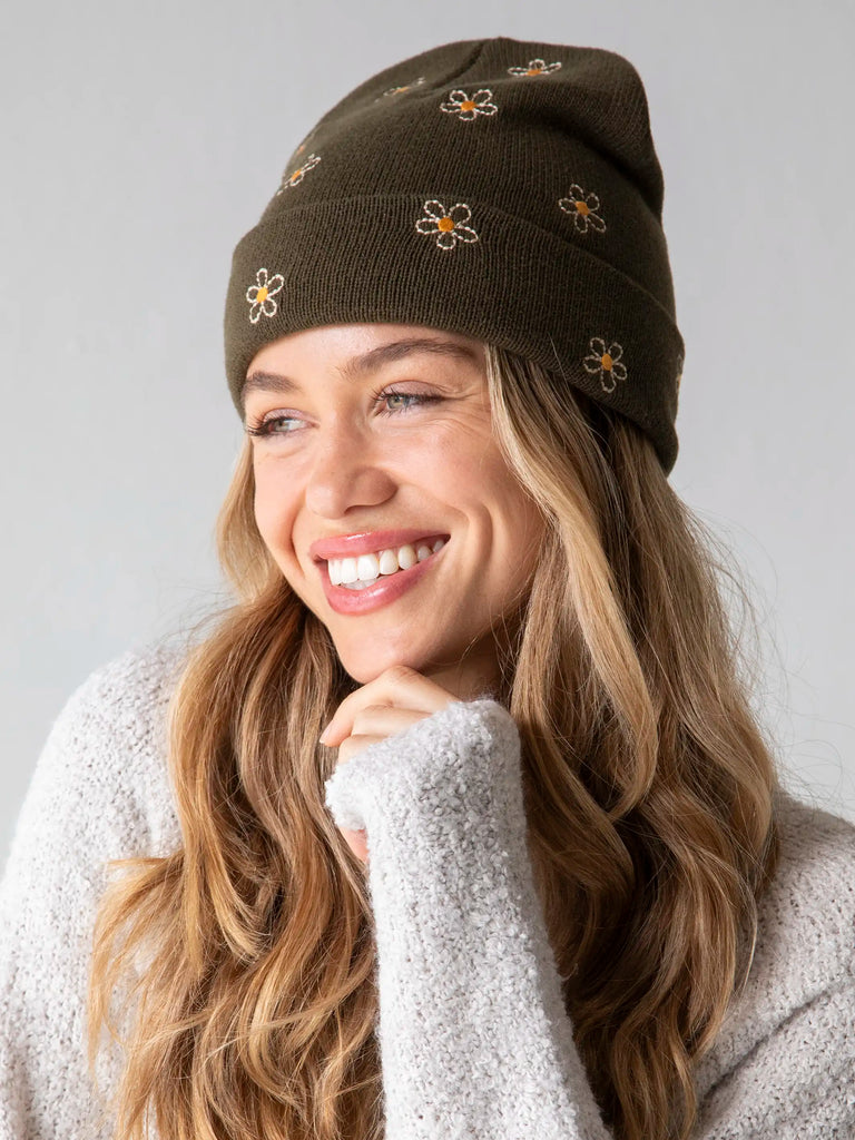 Embroidered Beanie - Olive Daisy-view 1