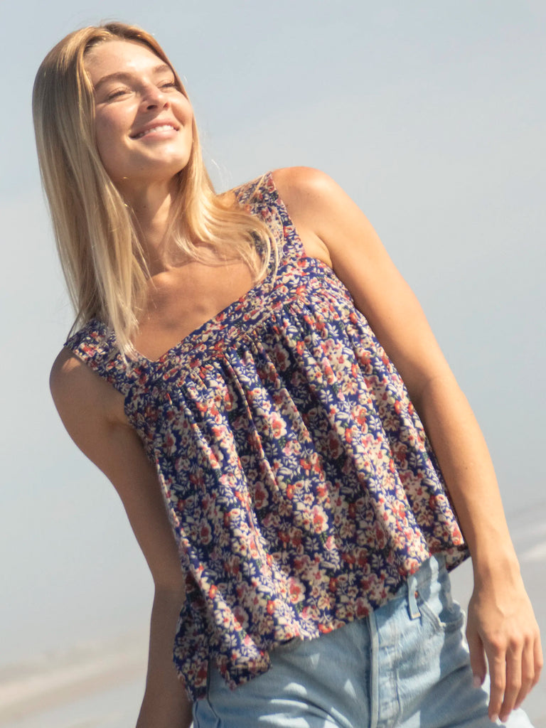Kate Pleated Tank Top - Blue Red Floral-view 1