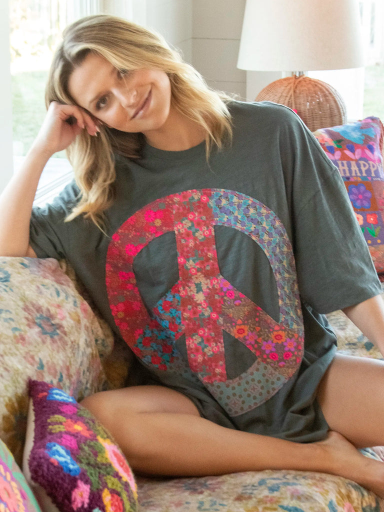 Oversized Applique Tee - Charcoal Peace Sign-view 2