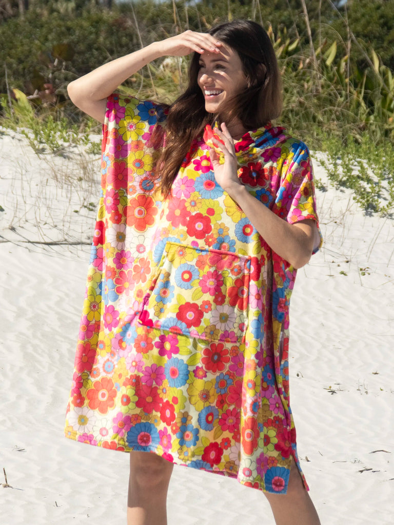 Beach Towel Changing Poncho - Yellow Retro Floral-view 1