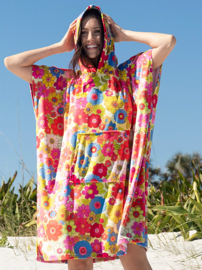 Beach Towel Changing Poncho - Yellow Retro Floral-view 2
