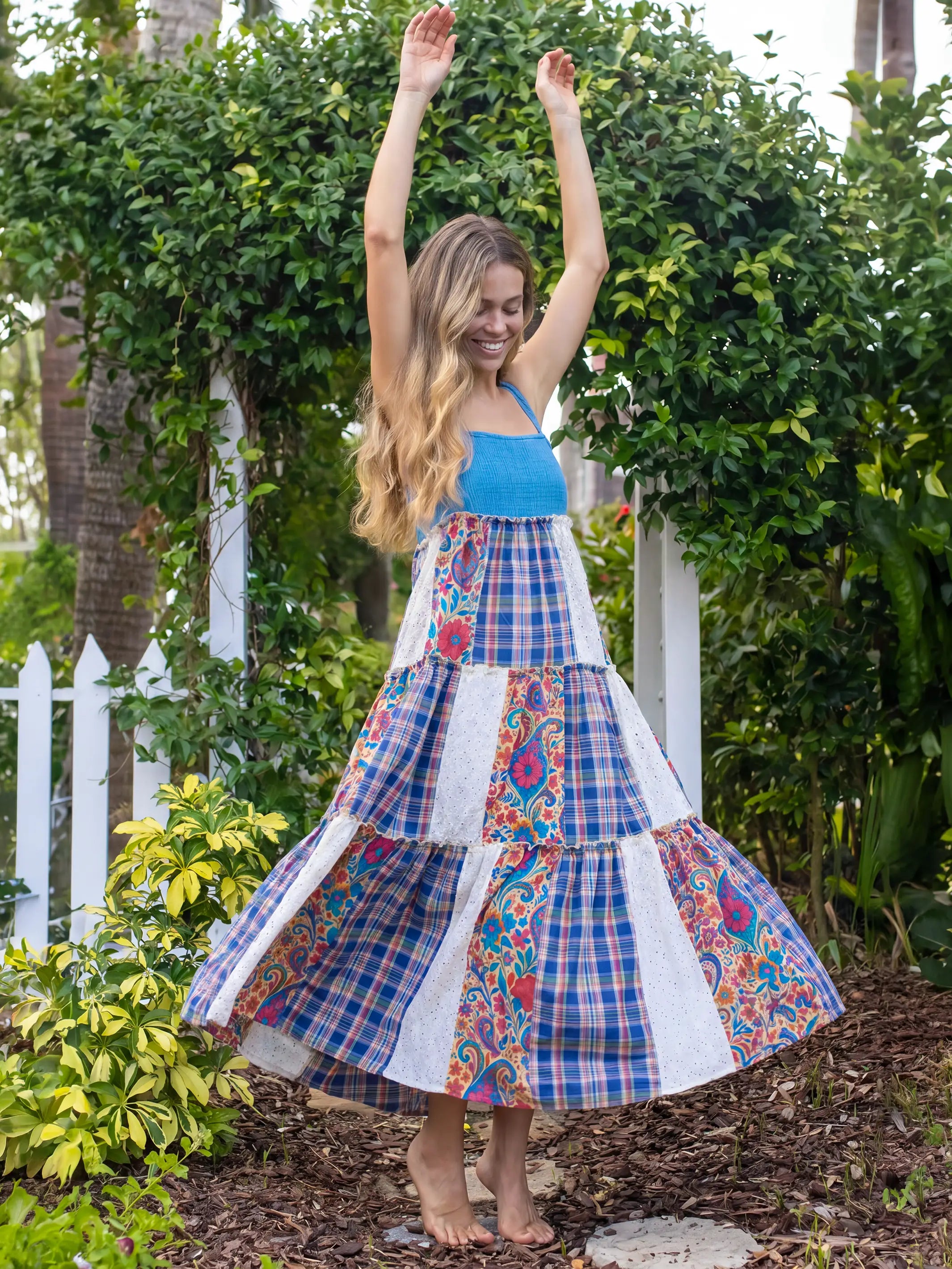 Patricia Patchwork Maxi Dress - Plaid Blue Fuchsia – Natural Life