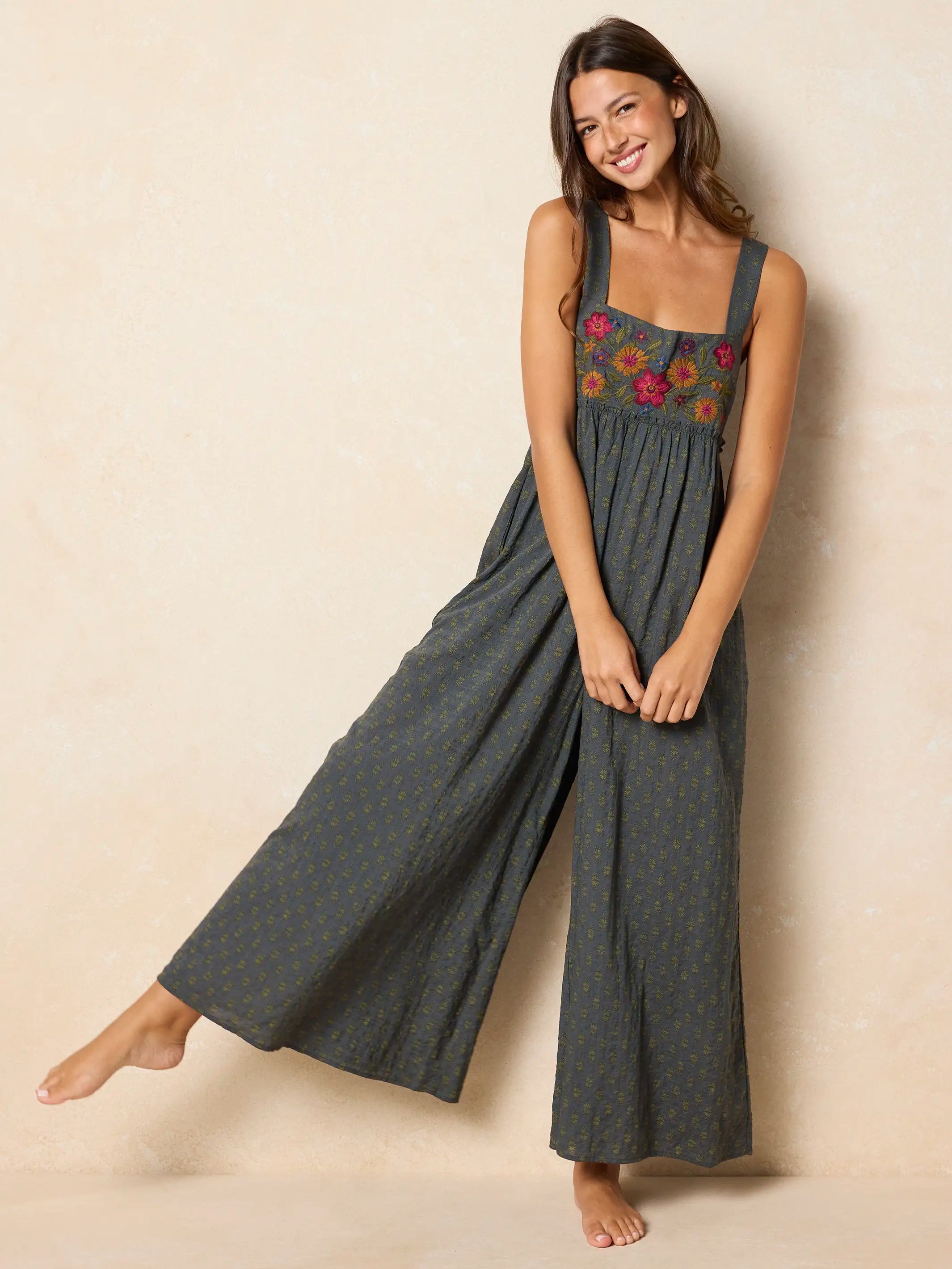 Gabi Embroidered Jumpsuit - Alma Stamp Charcoal – Natural Life