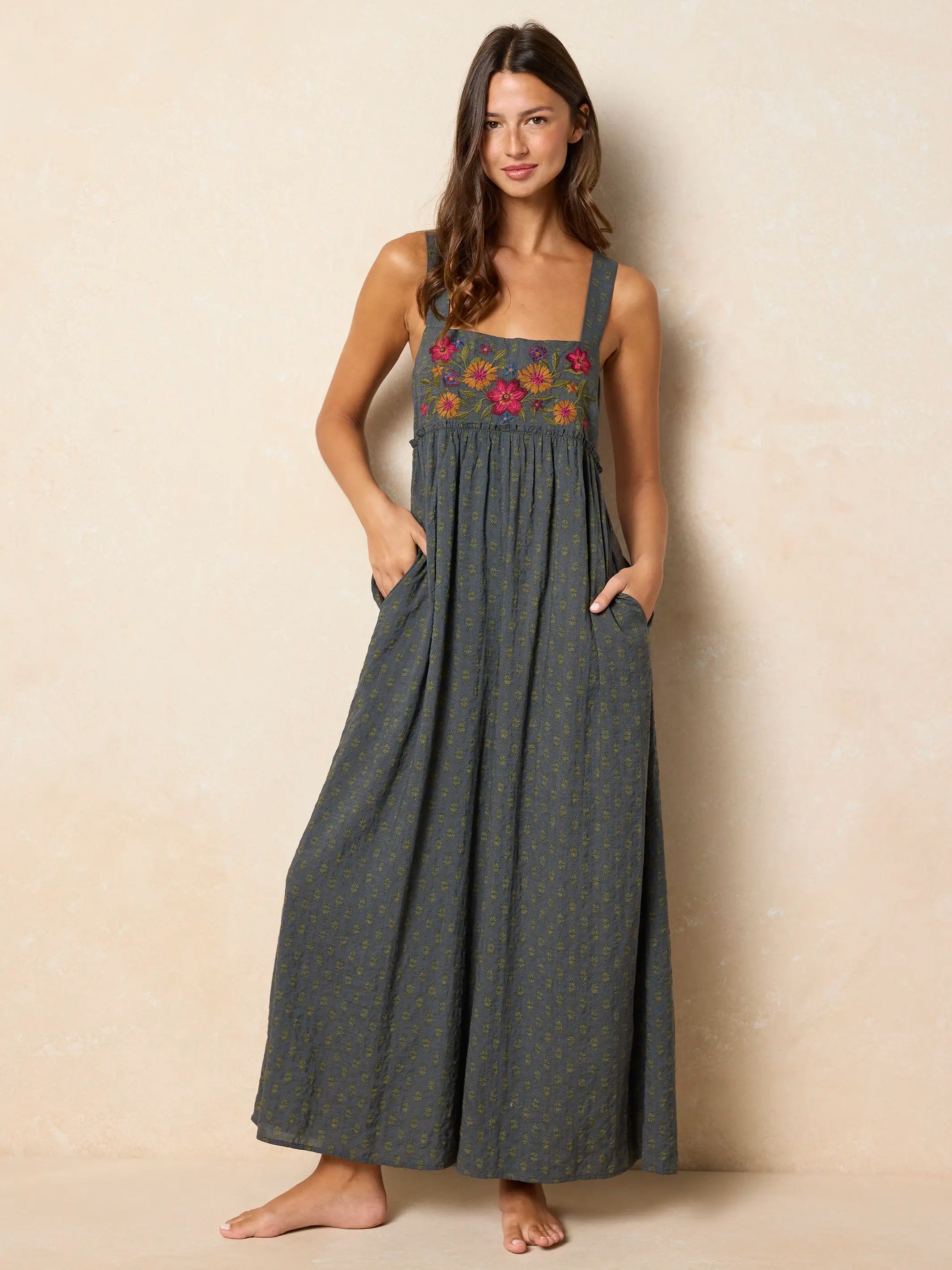Gabi Embroidered Jumpsuit - Alma Stamp Charcoal – Natural Life