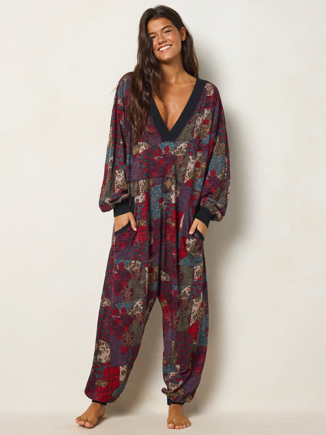 Johnnie Cotton Jumpsuit - Aspen Patchwork Burgundy – Natural Life