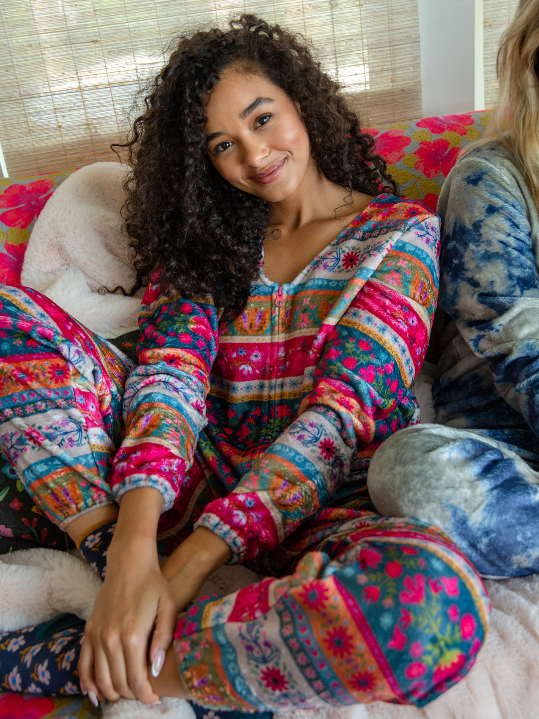 Fleece Onesie Pajamas - Magenta Border Print