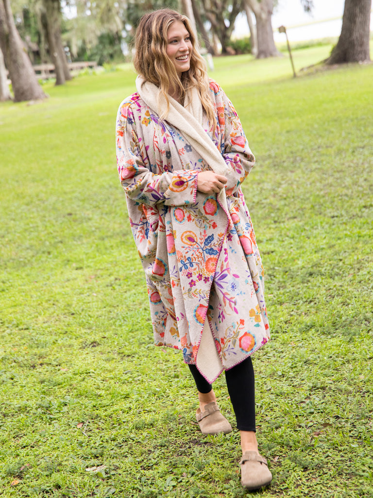 Long Blanket Kimono|Tan Floral-view 1