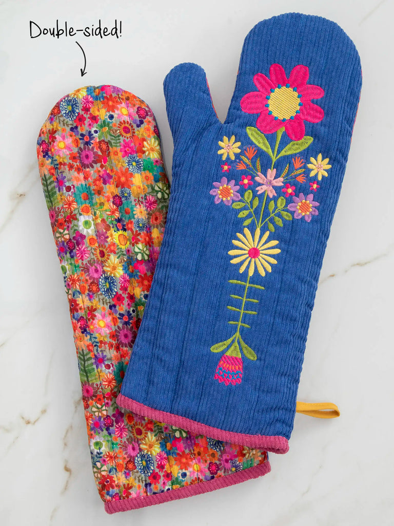 Bake Happy Double-Sided Oven Mitt - Blue Folk Flower Patchwork-view 1