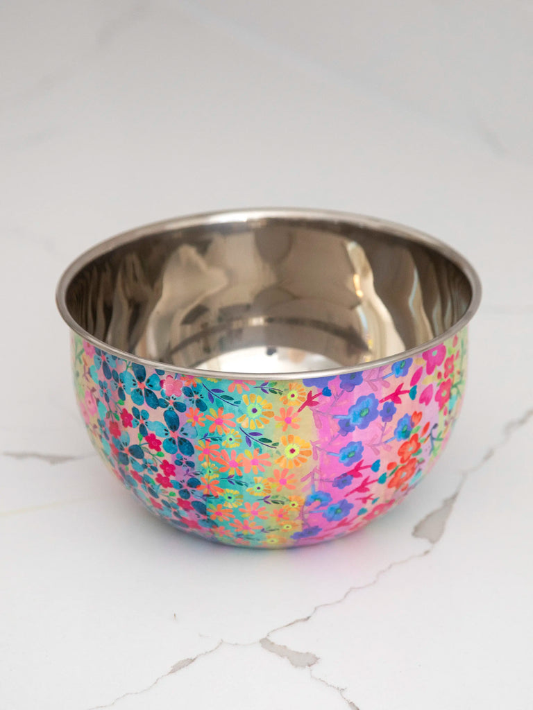 Stainless Steel Bowl, Small - Rainbow Floral Rows-view 3