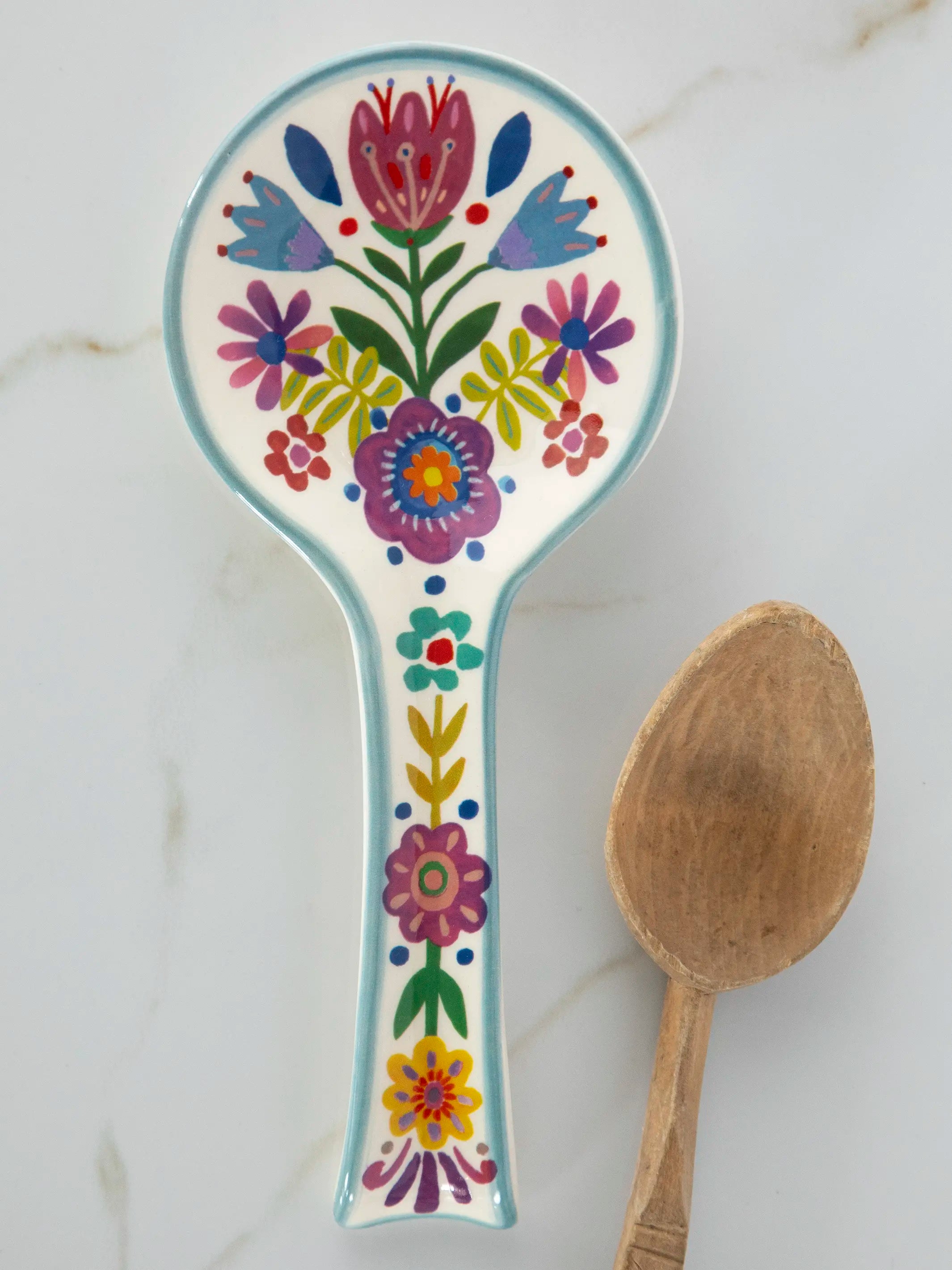 Ceramic Spoon Rest With Green Rosemaling Design – Decorative & Functional Kitchen Utensil Rest, 10x3.5x1 Inches