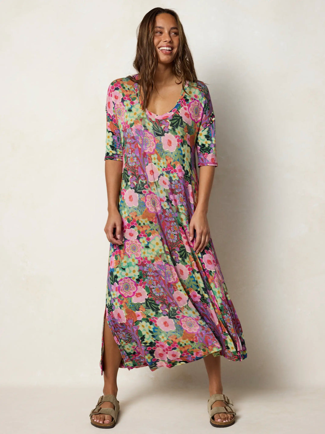 tee dress maxi T-shirt Yellow / Medium side slits and back yoke pleated Maxi T-Shirt Dress - /