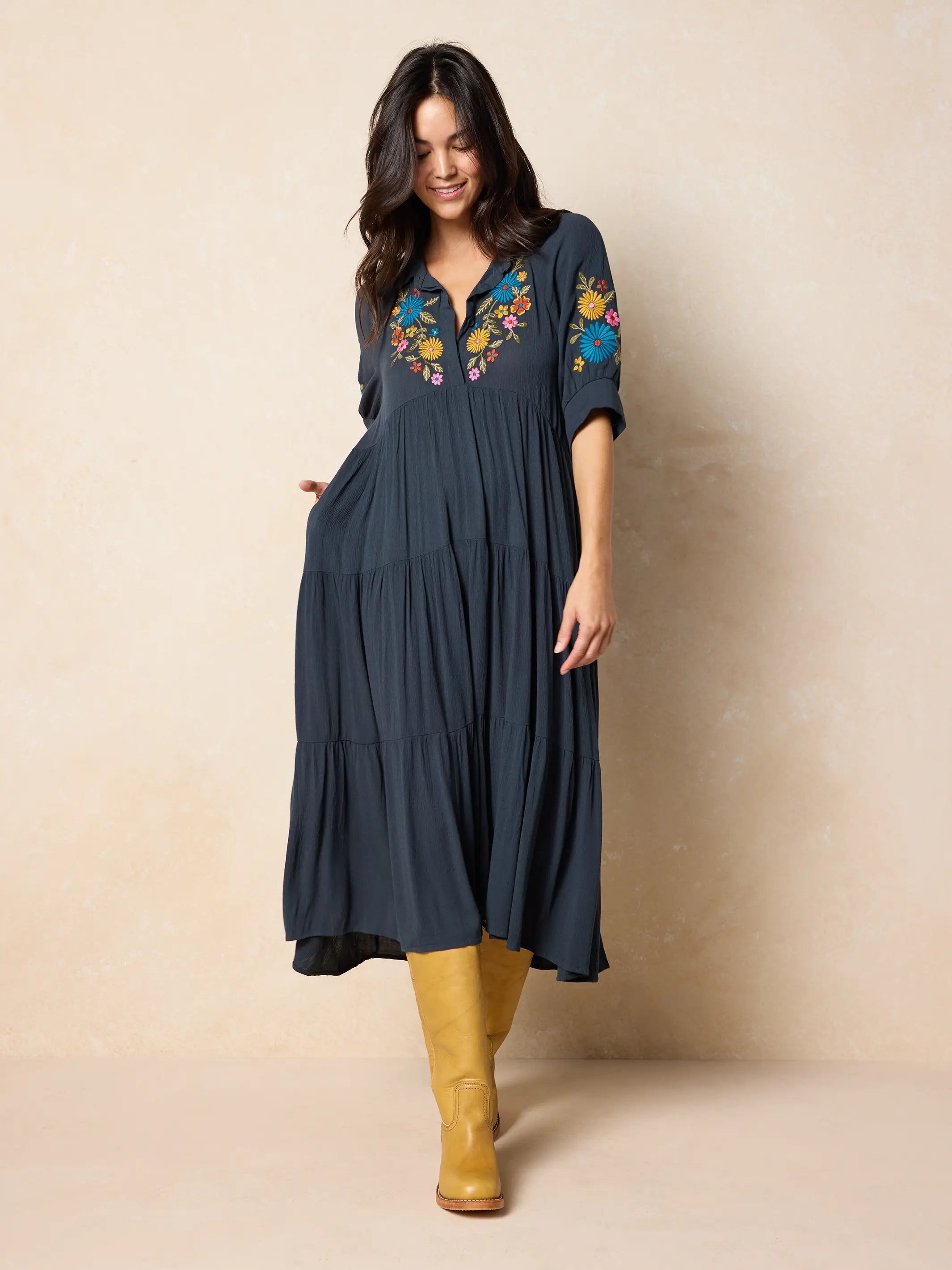 Rebecca Embroidered Midi Dress - Charcoal