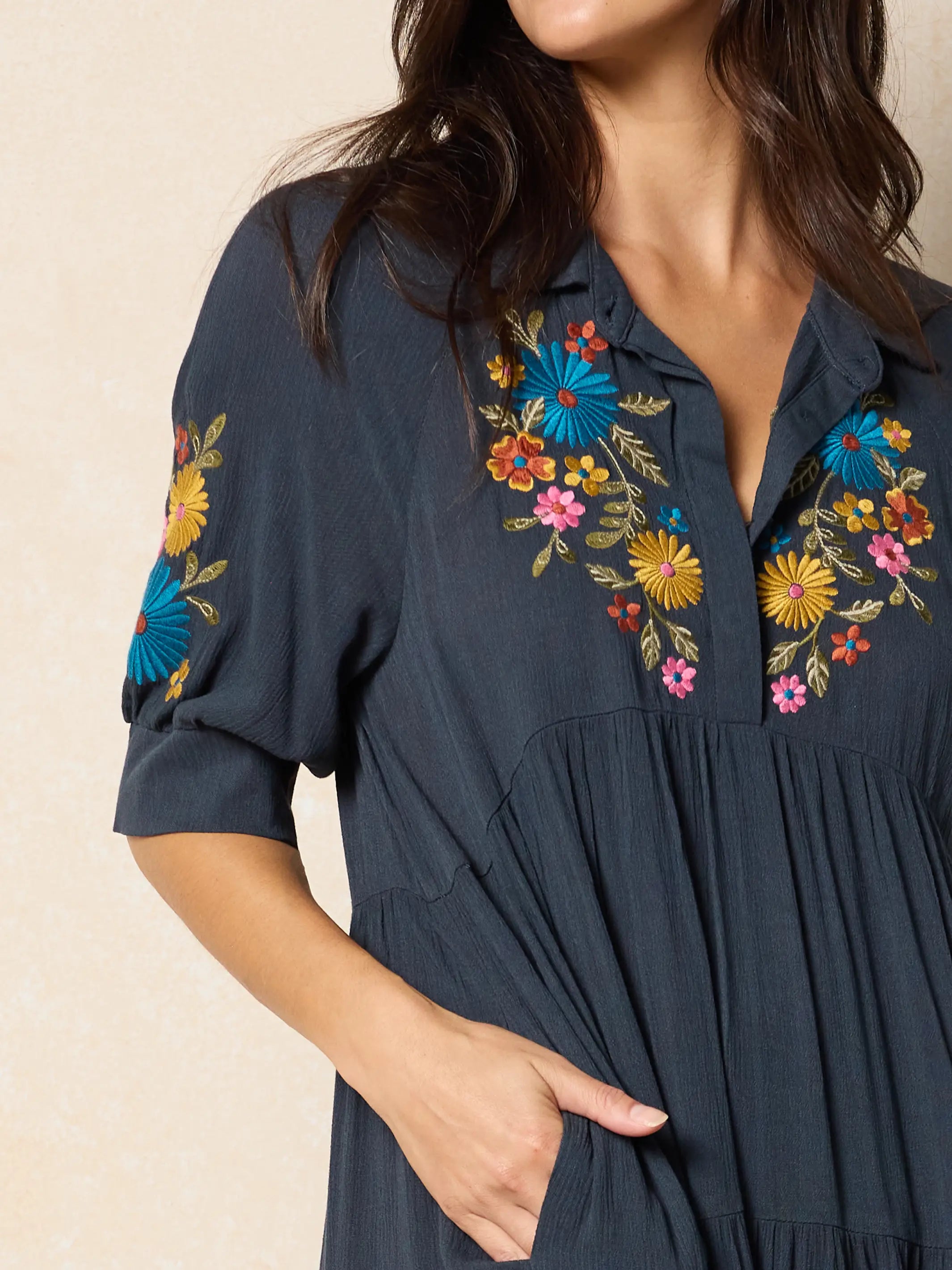 Rebecca Embroidered Midi Dress - Charcoal Rebecca Embroidered Midi Dress - Charcoal