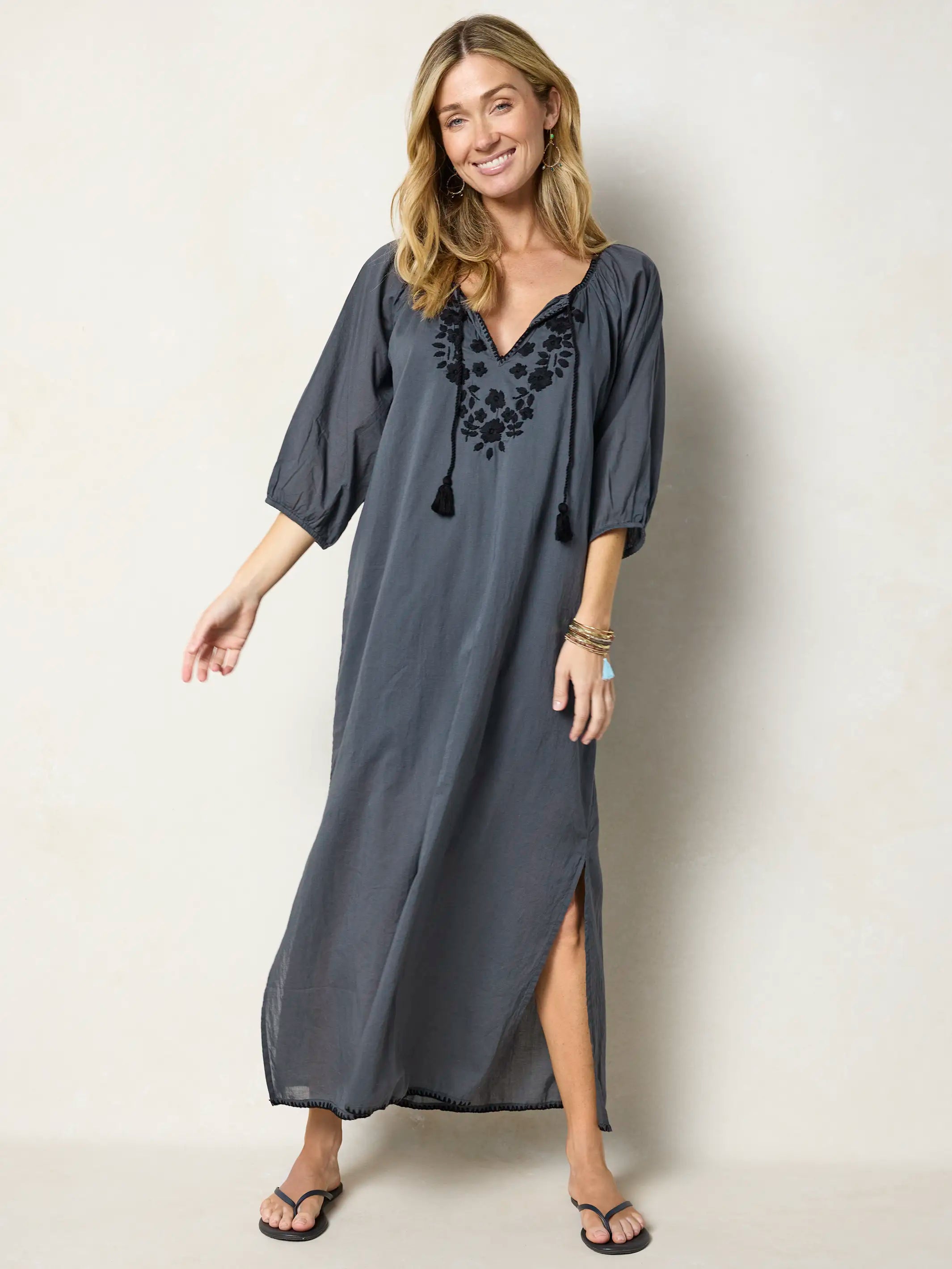 can i wear beige shoes with a black dress Ella Printed Maxi Dress Long Sleeves With Side Pockets Beige – Blue Boheme main image 0