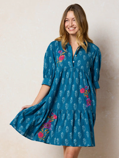 Becca Embroidered Mini Dress - Block Stamp Indigo-view 1