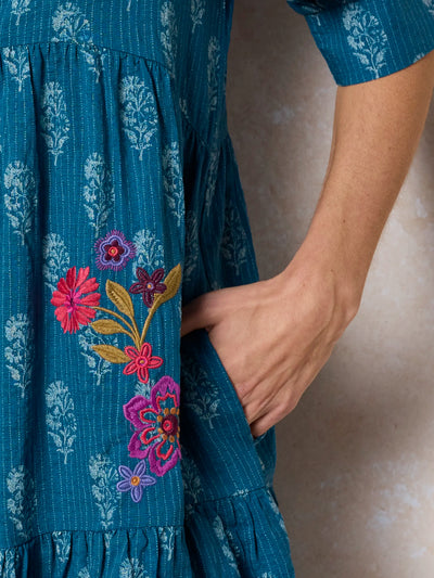 Becca Embroidered Mini Dress - Block Stamp Indigo-view 2